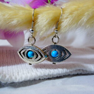 BOUCLE D&rsquo;OREILLES OEIL ET TURQUOISE SUR PLAQUE ARGENT