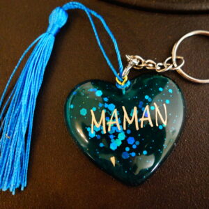 PORTE CLEF COEUR MAMAN PAILLETTE BLEU ET PONPOM BLEU