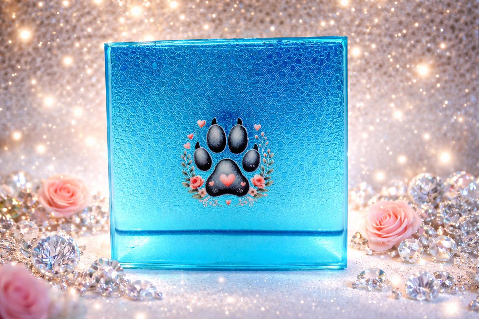 Dessous de verre en résine carré patte de chat bleue